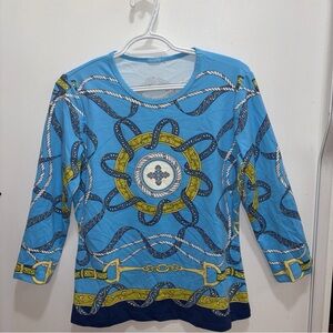 J. McLaughlin Blue and Yellow Equestrian 3/4 Sleeve Top